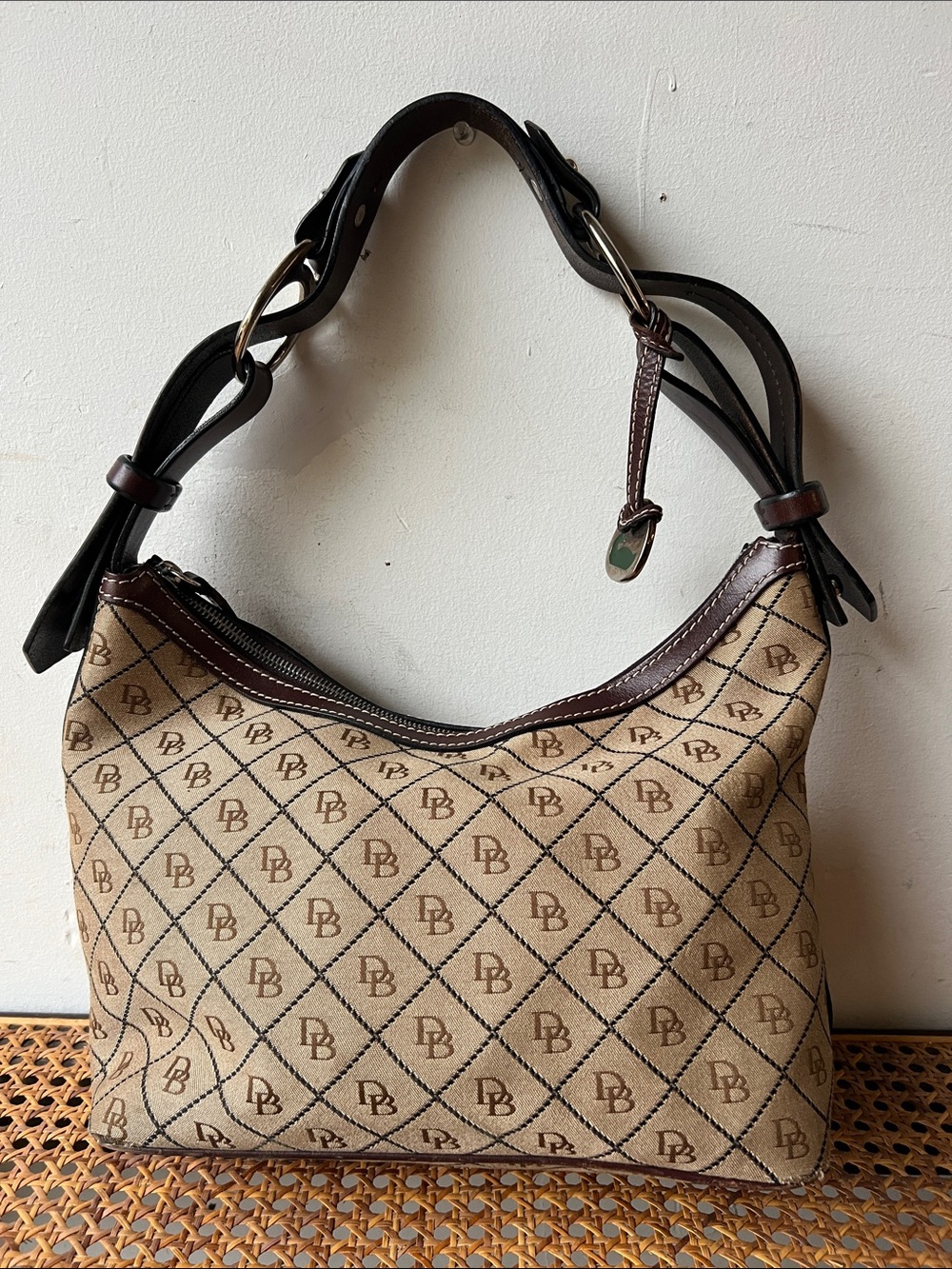 DB Pattern Brown Canvas Shoulder Bag by Dooney & Bourke